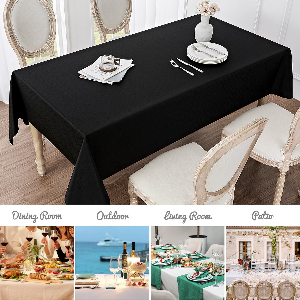 Veblandy black tablecloth adds a sophisticated, refined dining ambiance.
