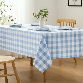 Veblandy dining room setup featuring light blue and white gingham.