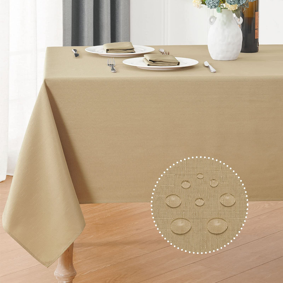 Veblandy faux linen tablecloth 52x70 inch on dining table for spill protection.