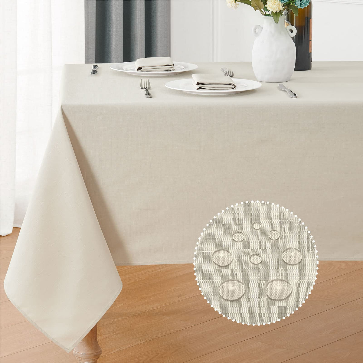 Veblandy rectangle beige tablecloth with textured faux linen protects surfaces on 60x120 tables