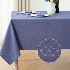 Veblandy denim blue rectangle tablecloth protects dining surfaces.