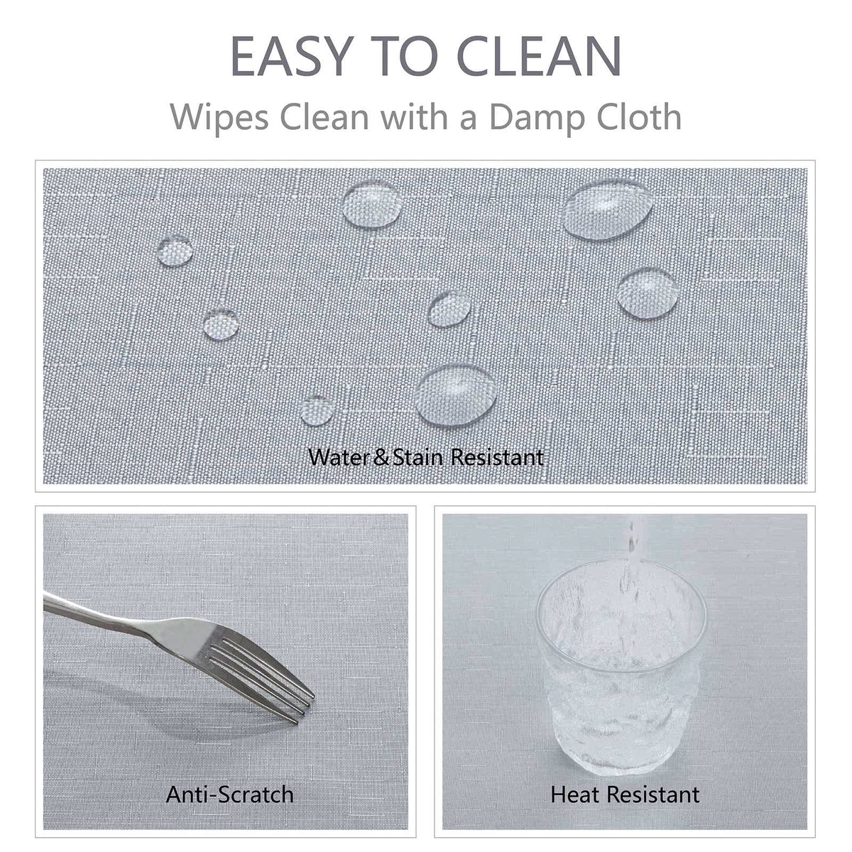 Veblandy banquet dining scene with grey cloth highlighting wrinkle-free surface