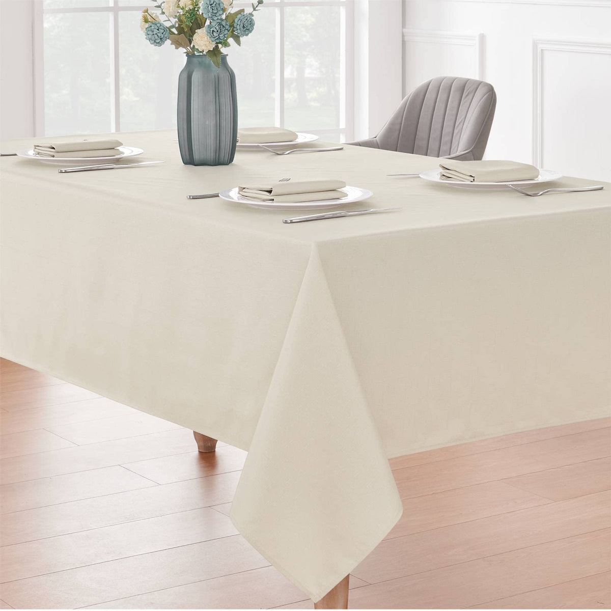 Veblandy beige tablecloth care shot: machine washable and easy to clean.