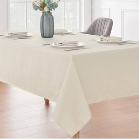 Veblandy beige tablecloth care shot: machine washable and easy to clean.