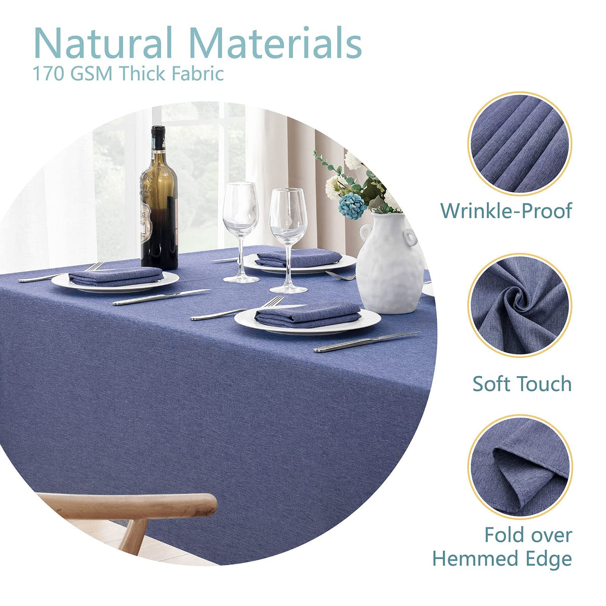 Veblandy denim blue tablecloth with stain resistance.