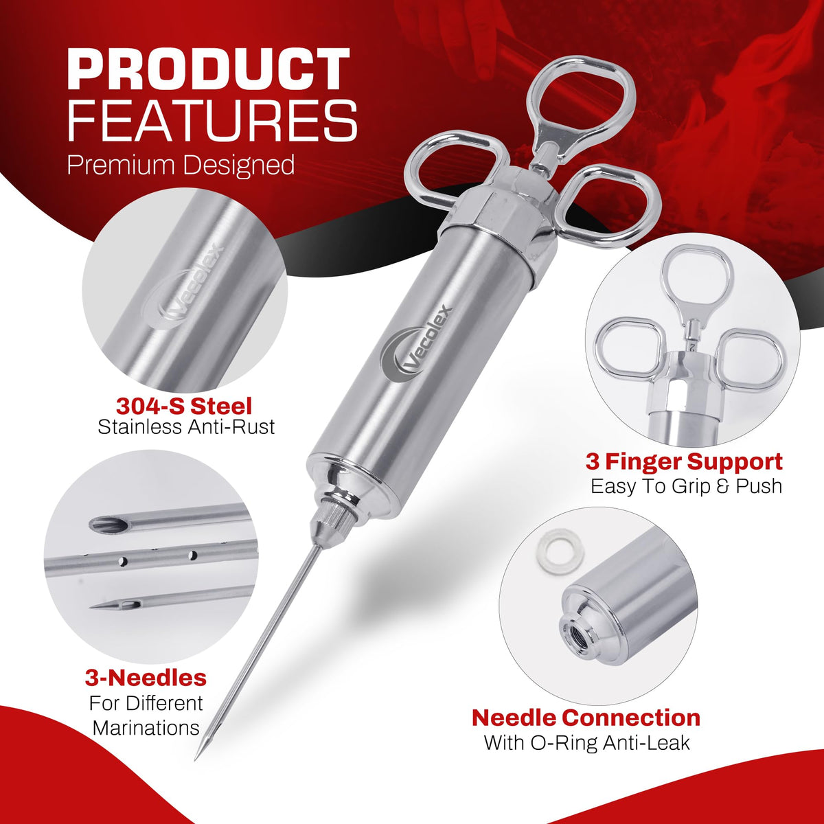 Vecolex dishwasher-safe meat injector shown for easy cleanup