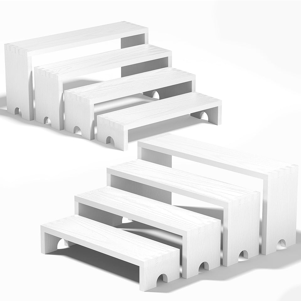 Vecxoty 2-set white wood tiered riser display stands showcase products with farmhouse charm for vendor booths.
