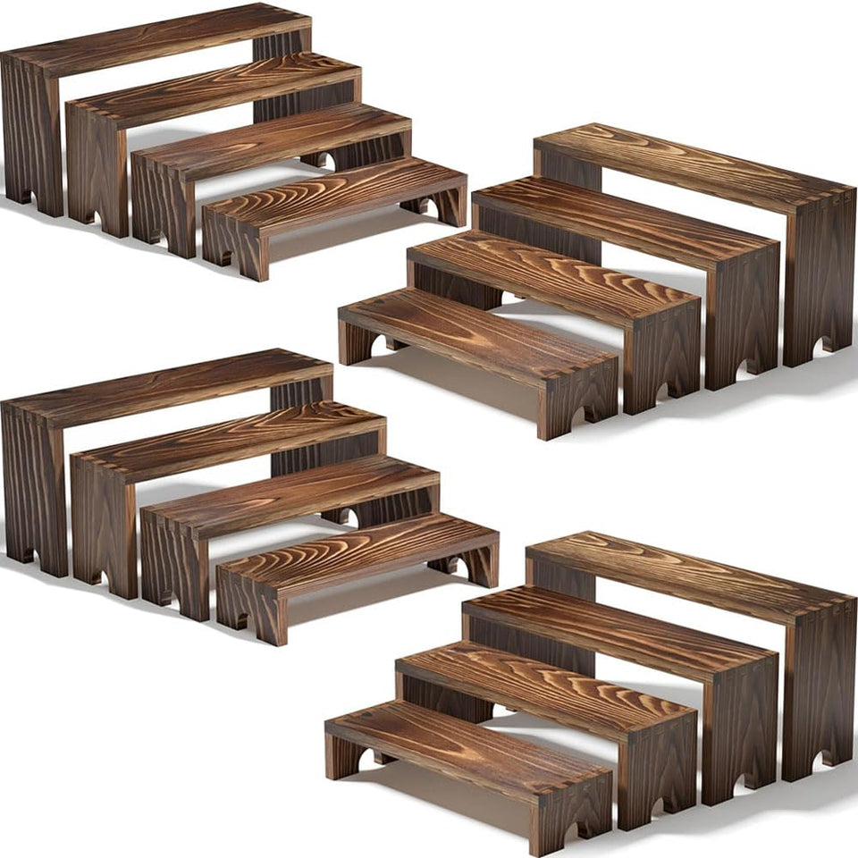 Vecxoty 4-set wooden tiered risers, front view for vendor booths, sturdy display.