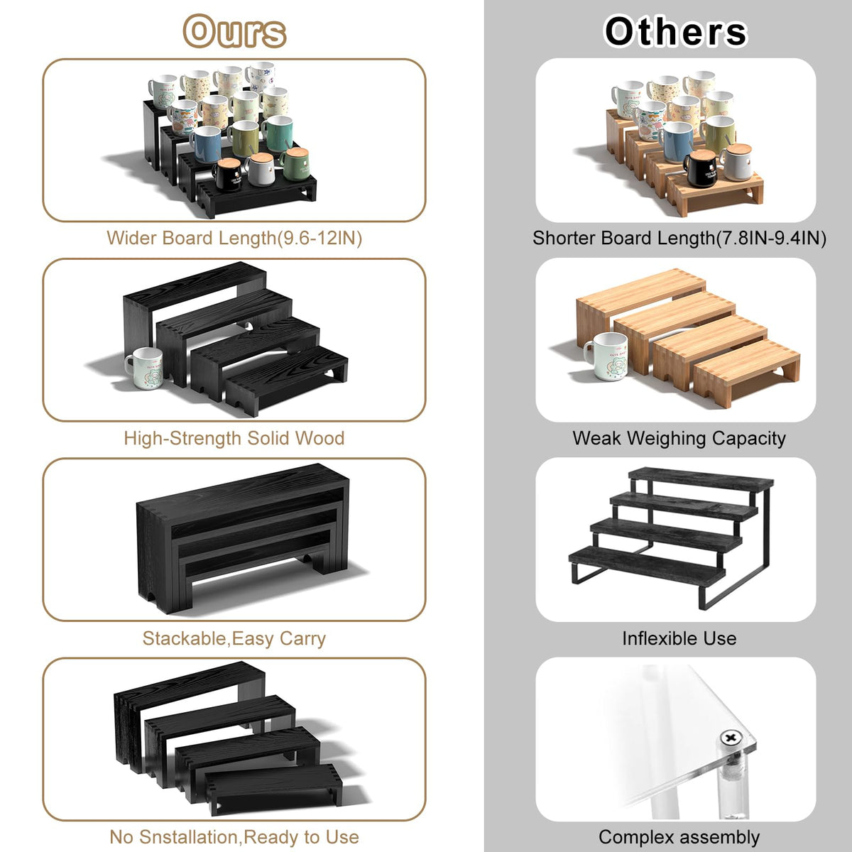 Vecxoty heavy-duty display risers support heavier decor with stability.