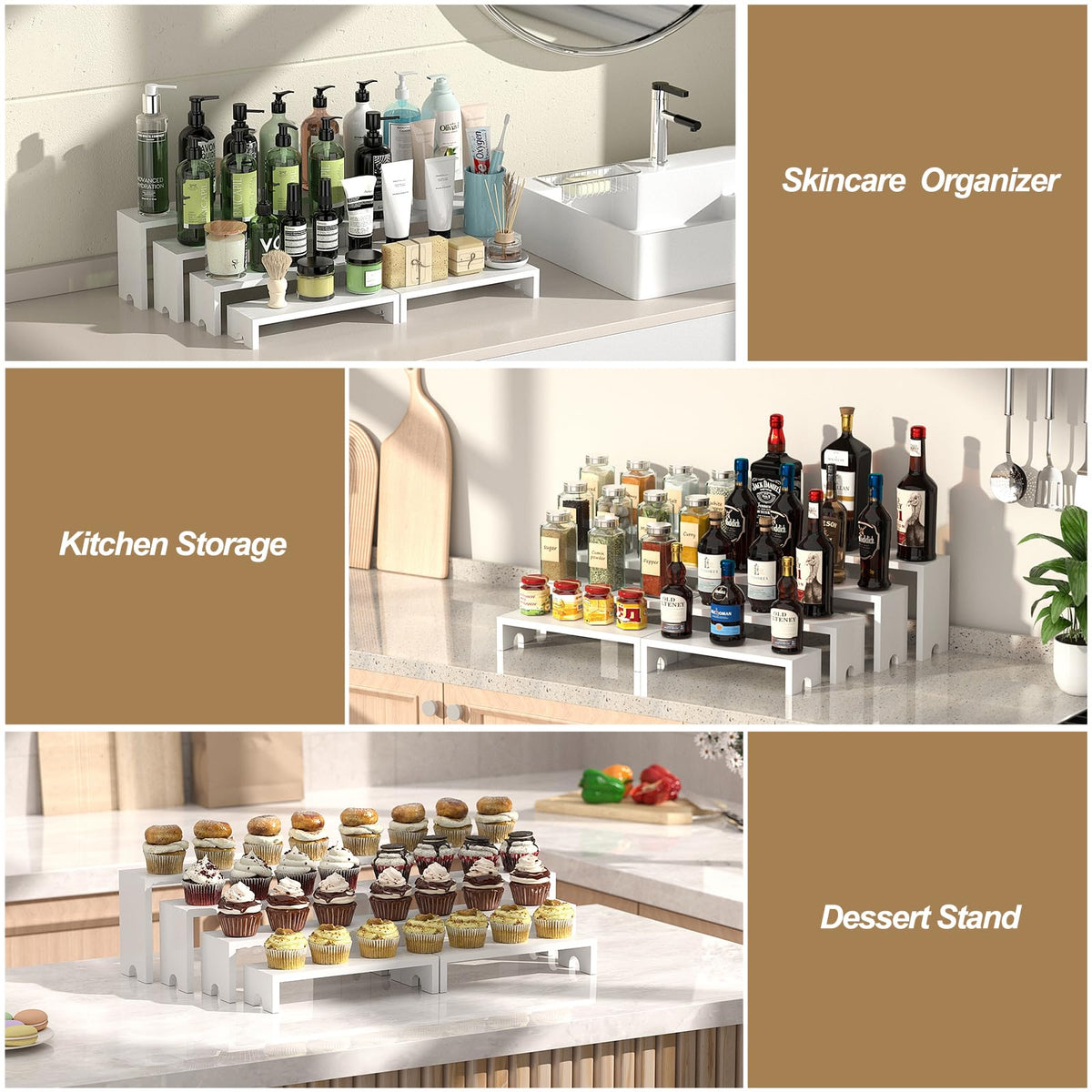 Vecxoty heavy-duty wood risers securely hold cosmetics, spices, or kitchen gear.