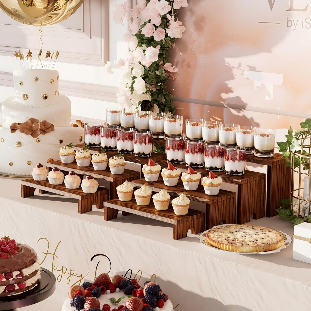 Vecxoty rustic wood dessert table display adding farmhouse charm to events