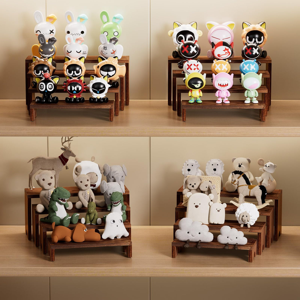 Vecxoty vendor booth display items organized with sturdy stackable wood risers