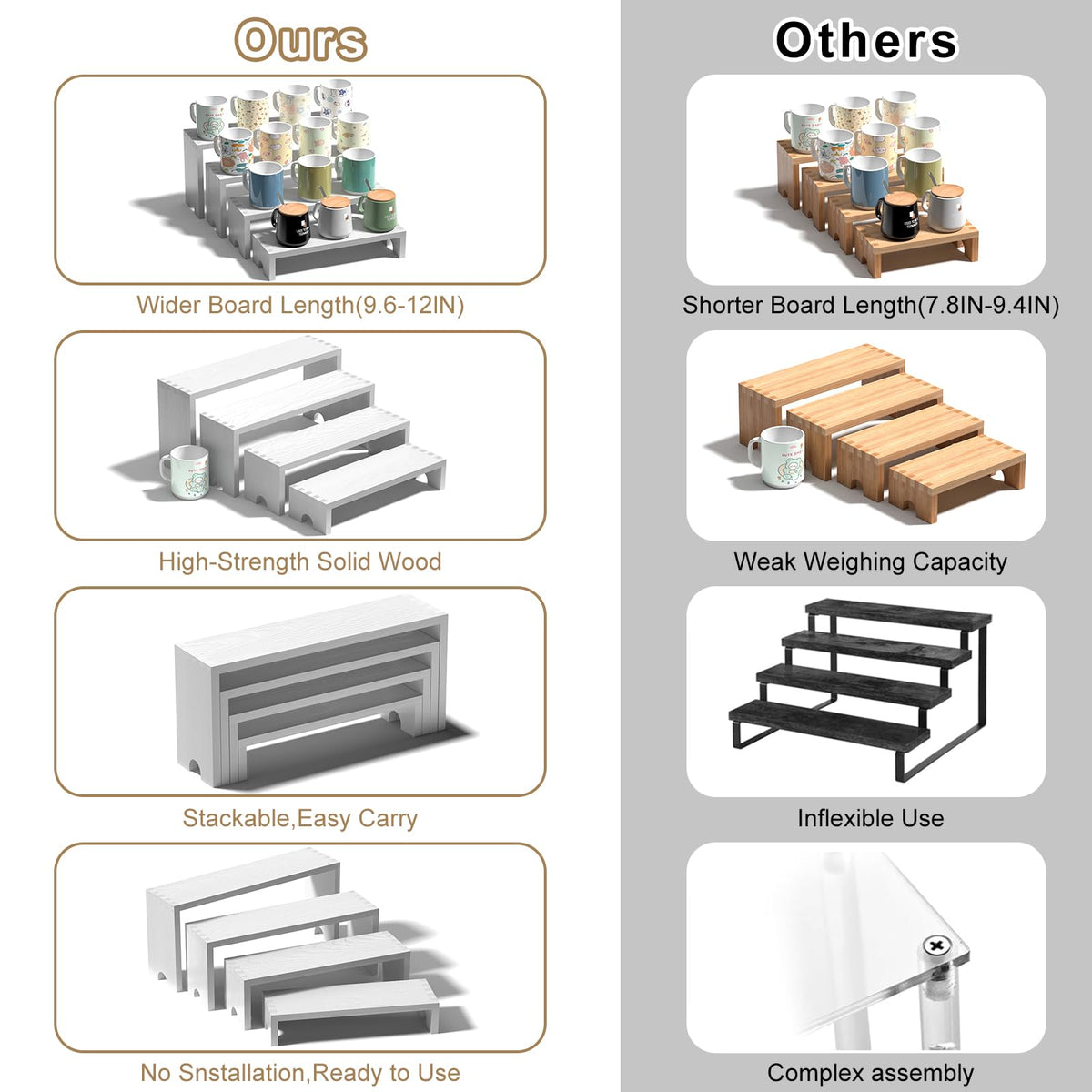 Vecxoty solid wood shelves resist wobble for reliable product presentation.