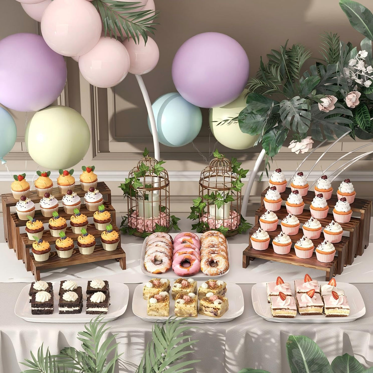 Vecxoty wooden tiered risers nestable, ideal for desserts and pastries at events.