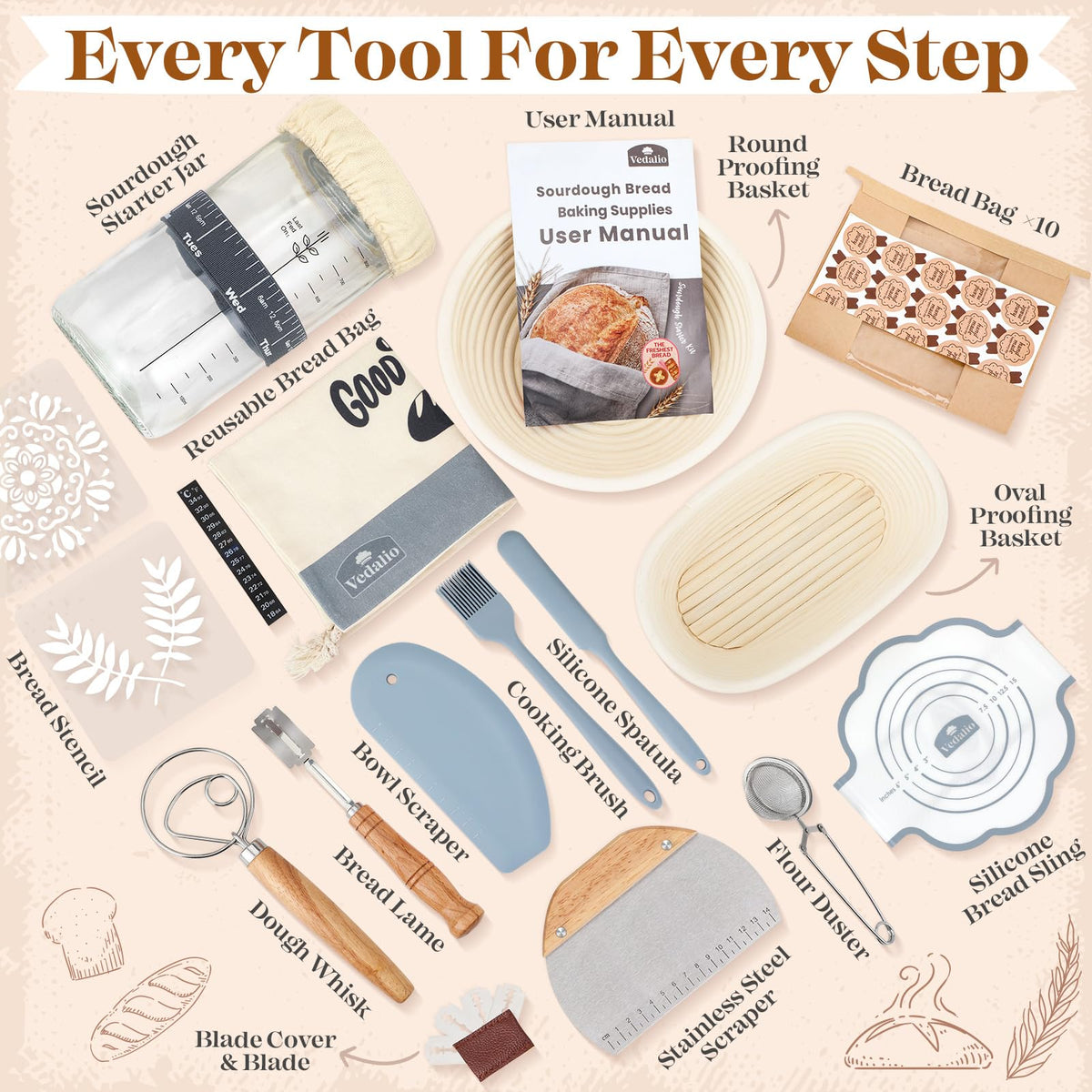 Vedalio flour duster distributes flour evenly for clean, professional proofs.