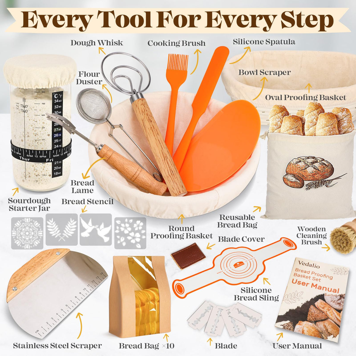 VEDALIO oval 10-inch proofing basket helps dough hold shape during proofing.