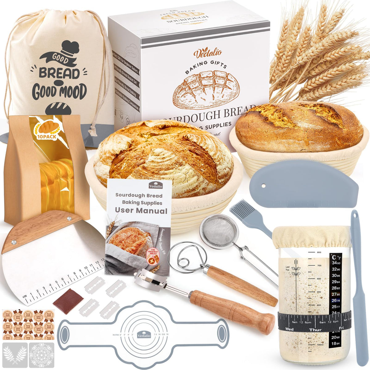 Vedalio round bread proofing basket 9 inch shapes dough for even rise and rustic patterns.