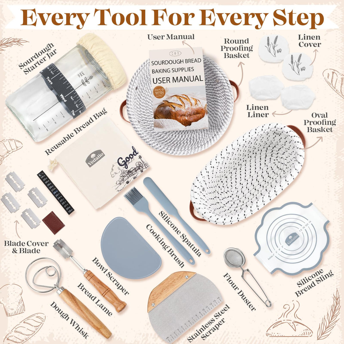 VEDALIO silicone bread sling and flour duster for easy oven transfer and dusting
