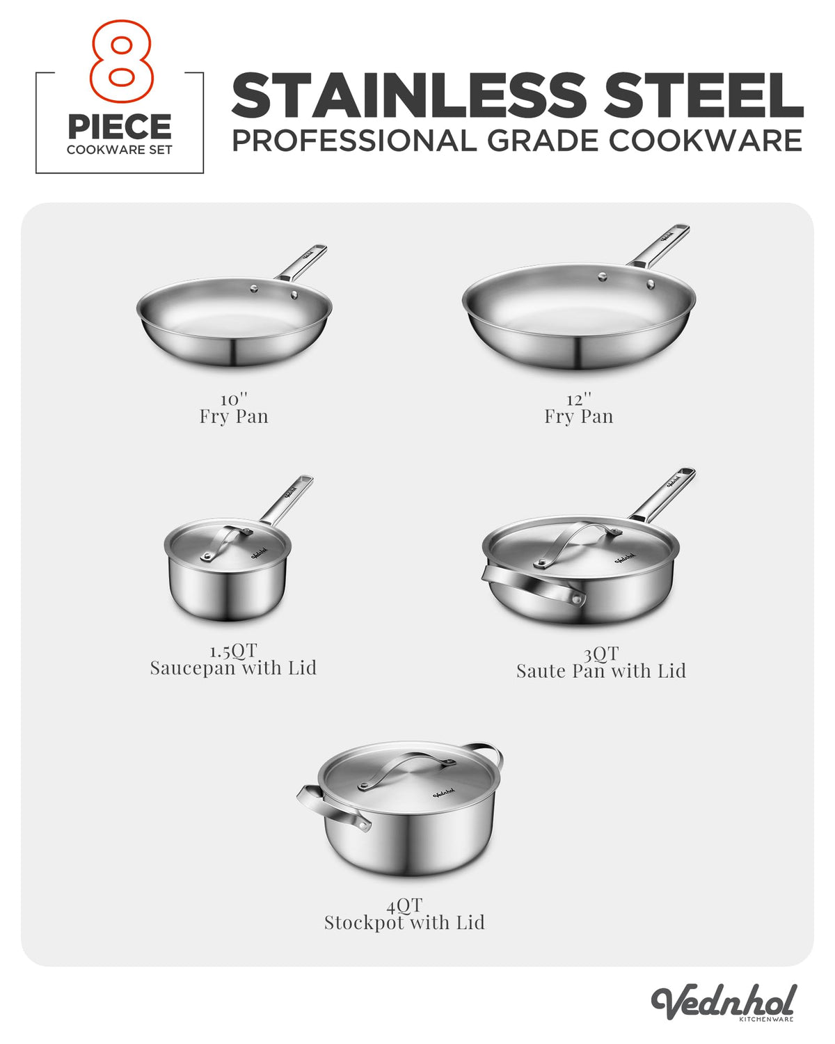 VEDNHOL 12-inch frying pan with stay-cool handle for even browning.