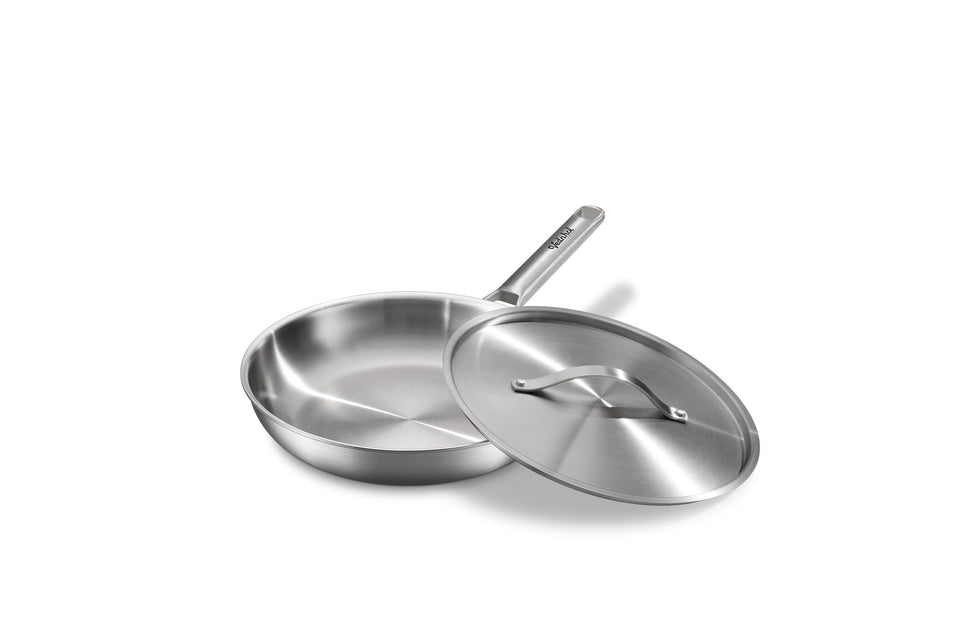 VEDNHOL 12-inch tri-ply frying pan with lid for even heating and moisture retention.