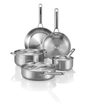 VEDNHOL 8pc tir-ply stainless steel cookware set for versatile everyday cooking.
