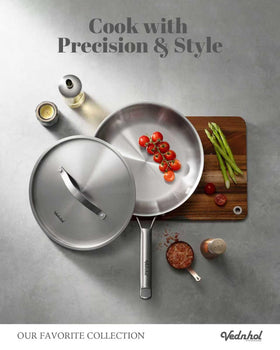 VEDNHOL induction-ready stainless cookware compatible with all heat sources.