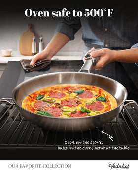 VEDNHOL lid-on pan set supports braising and sauce reduction with moisture locking.