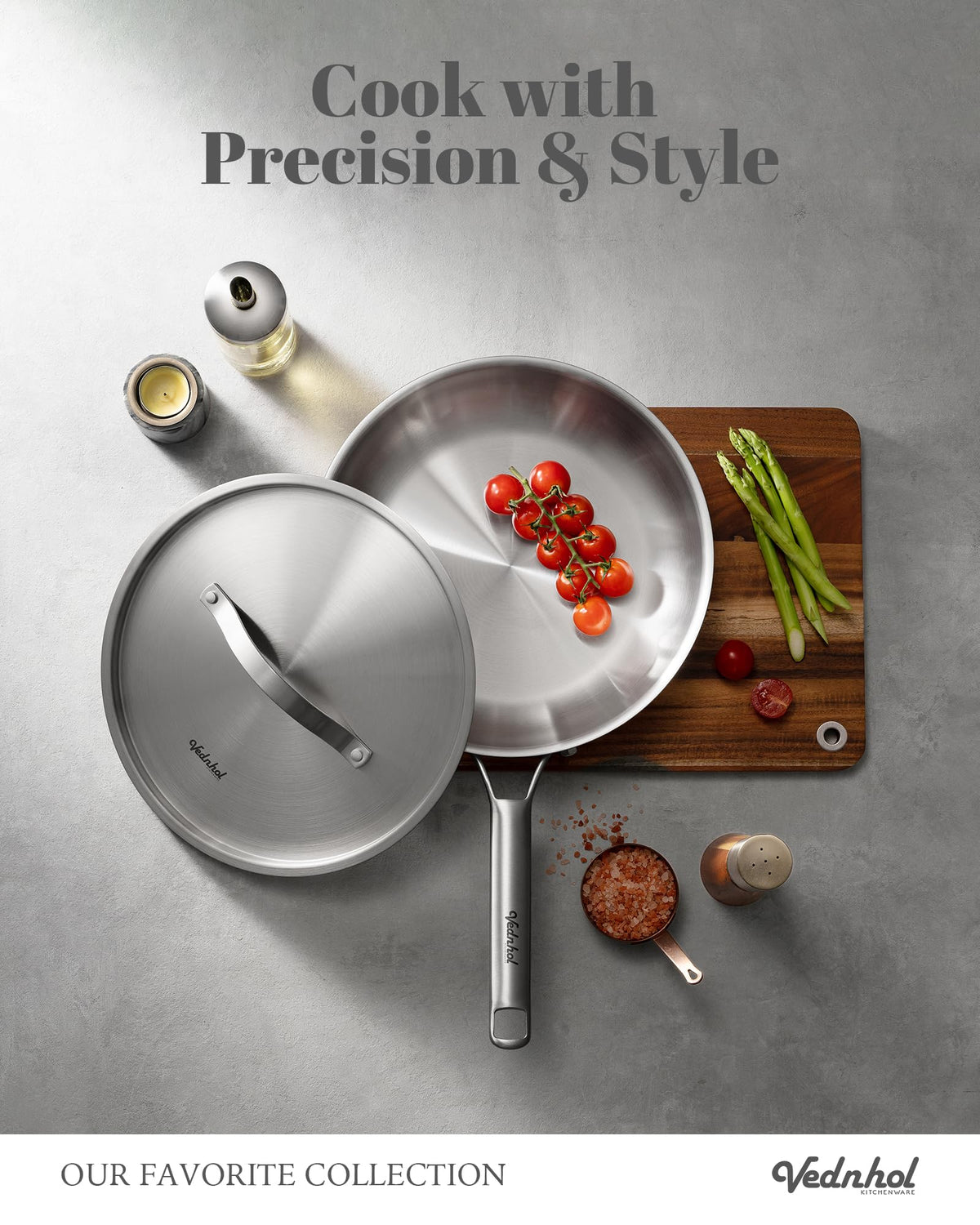 VEDNHOL pan on induction cooktop demonstrating versatile compatibility for all stoves.