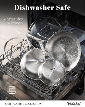 VEDNHOL titanium pan 2-lid set supports flexible cooking and storage.