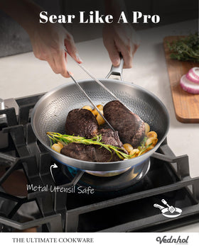 VEDNHOL Titanium Pan oven-safe capabilities demonstrated for stovetop to oven use