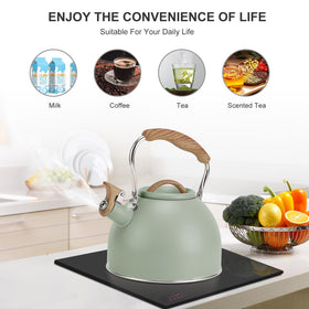 Vegoran Tea Kettle holds about 3.1 quarts for multiple cups.