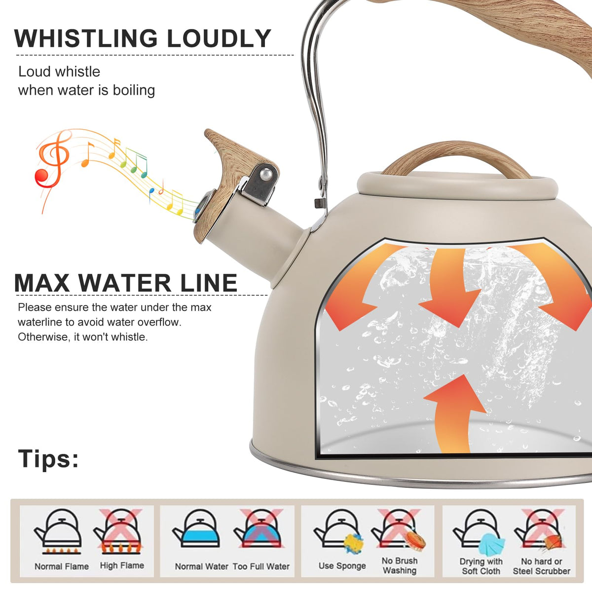 Vegoran tea kettle emits a loud whistle when water boils.
