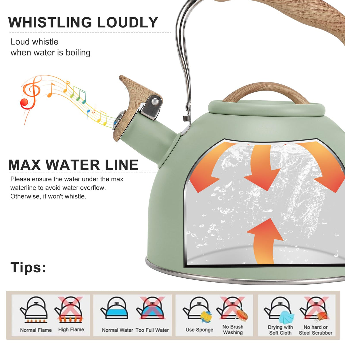 Vegoran Tea Kettle with wood-pattern handle close-up for comfortable daily use.