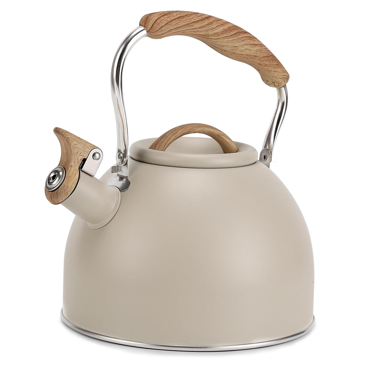 Vegoran tea kettle with wood-pattern handle for safe, comfortable lifting.