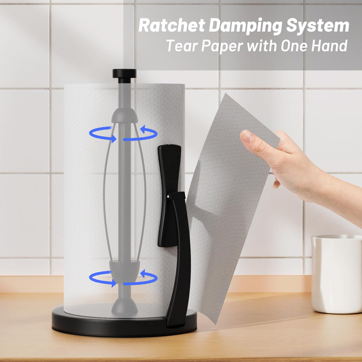Close-up of VEHHE spring arm securing a paper towel roll.