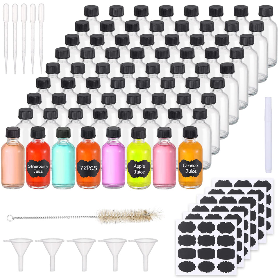 VEIDIA 72pcs 2oz Boston-round bottles with lids for mess-free sample storage.