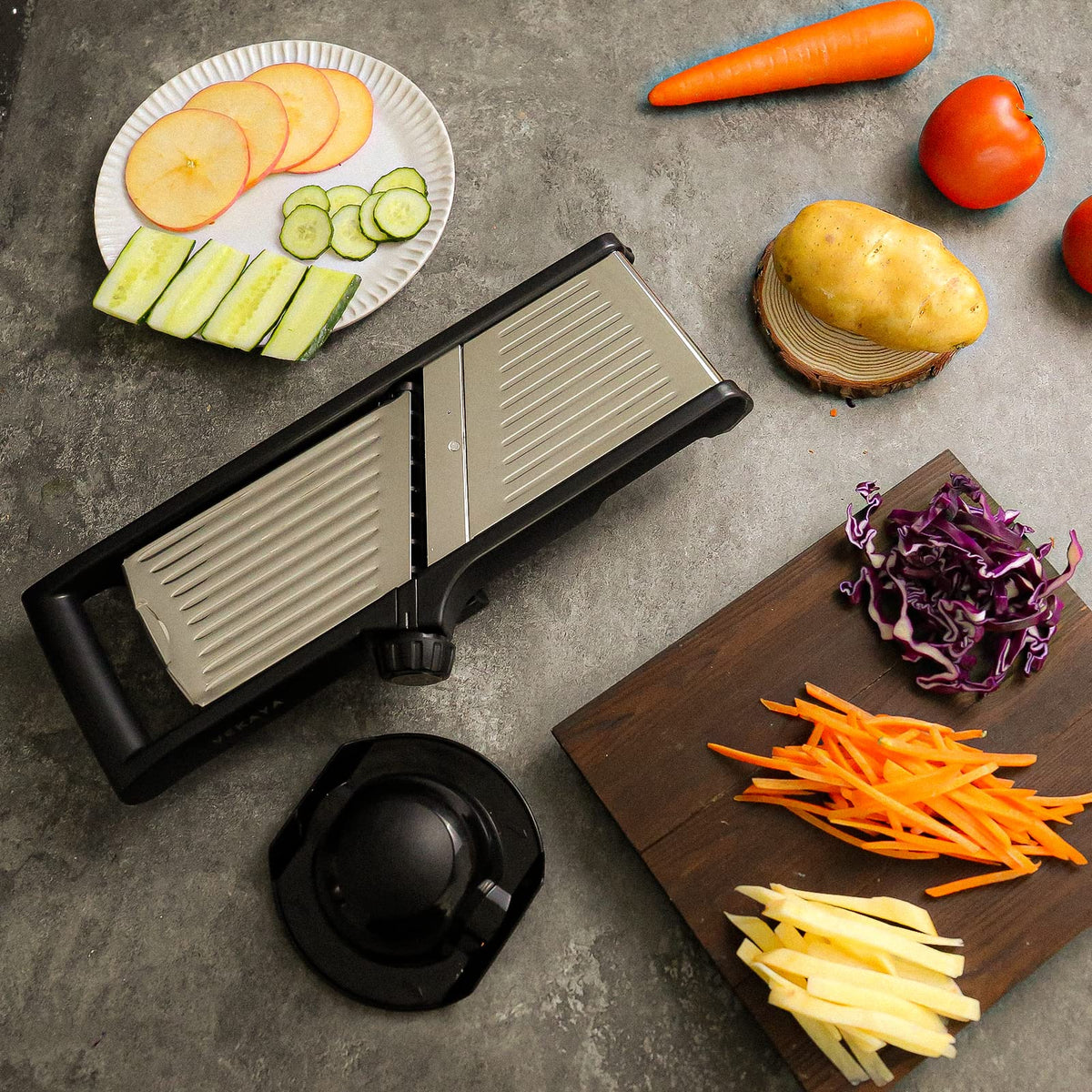 Compact, flat-fold design of VEKAYA slicer for easy storage.