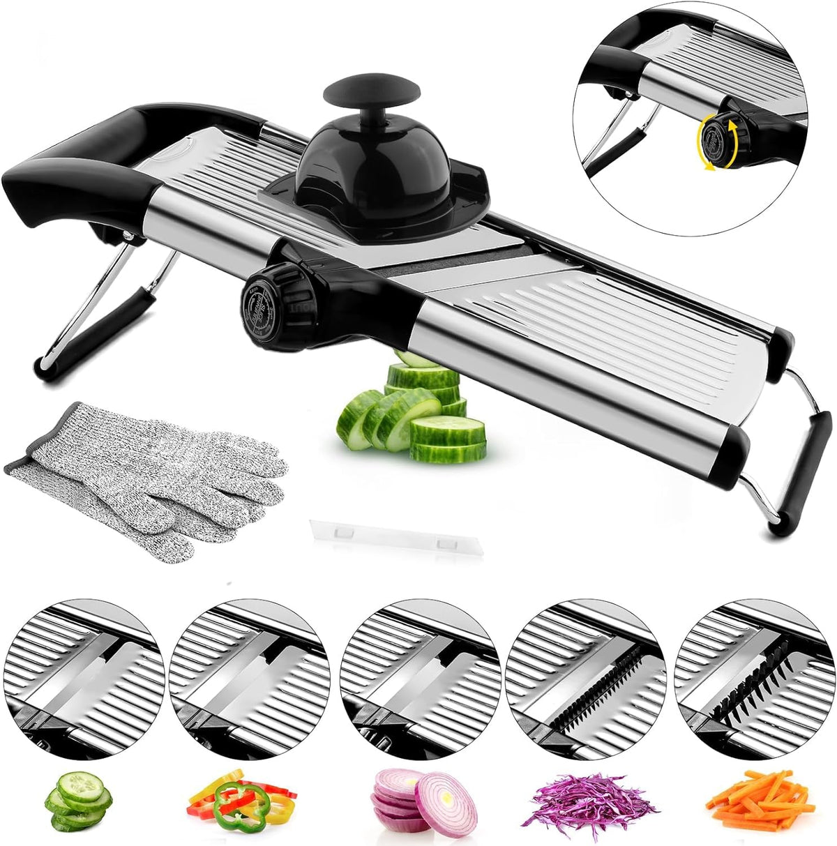 VEKAYA mandoline slicer with adjustable thickness knob for precise control.