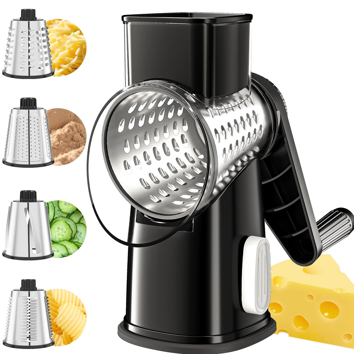 VEKAYA rotary cheese grater front view with four blades for quick prep