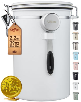 Veken 39oz airtight coffee canister preserves fresh beans.