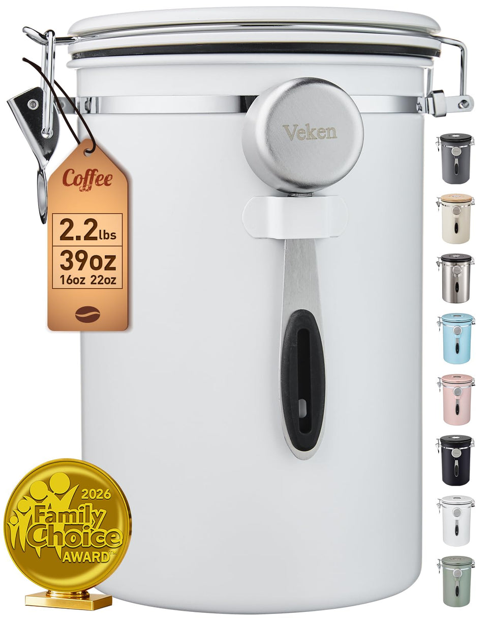 Veken 39oz airtight coffee canister preserves fresh beans.