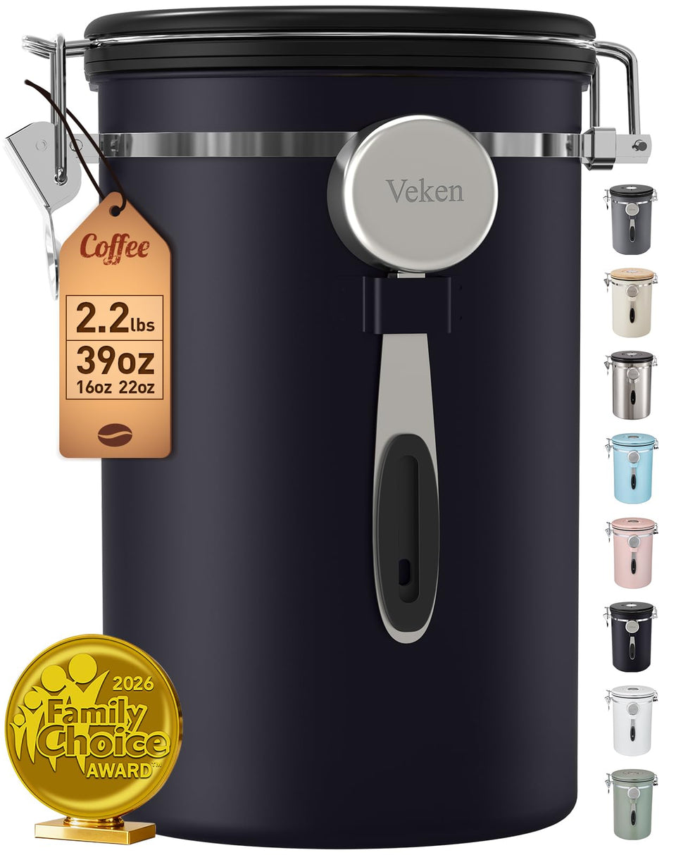 Veken coffee canister holds up to 2.2 lbs of beans for easy storage
