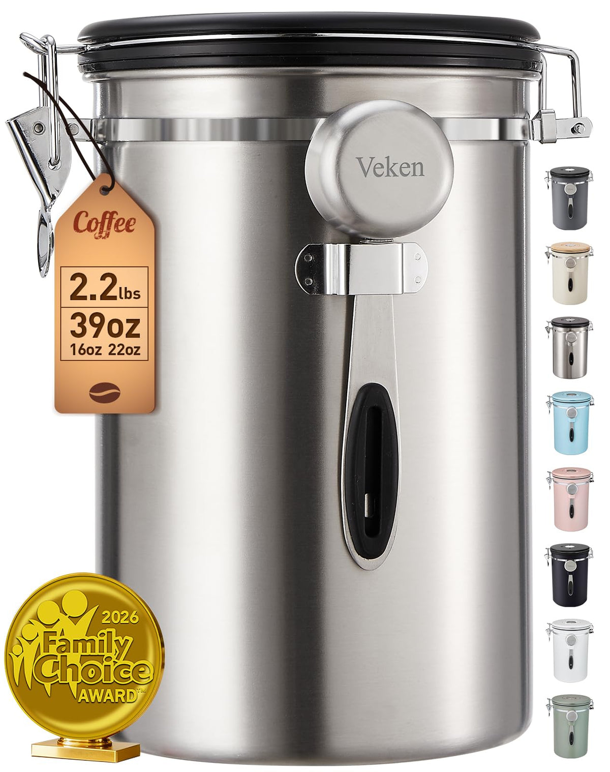 Veken 39oz capacity coffee canister keeps 2.2 lb beans fresh and organized