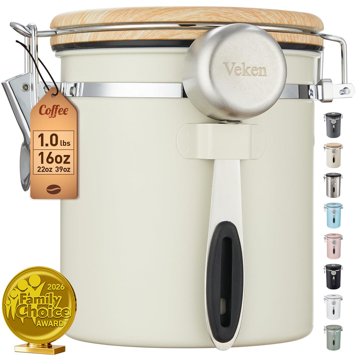 Veken coffee canister with airtight lid preserves bean freshness.