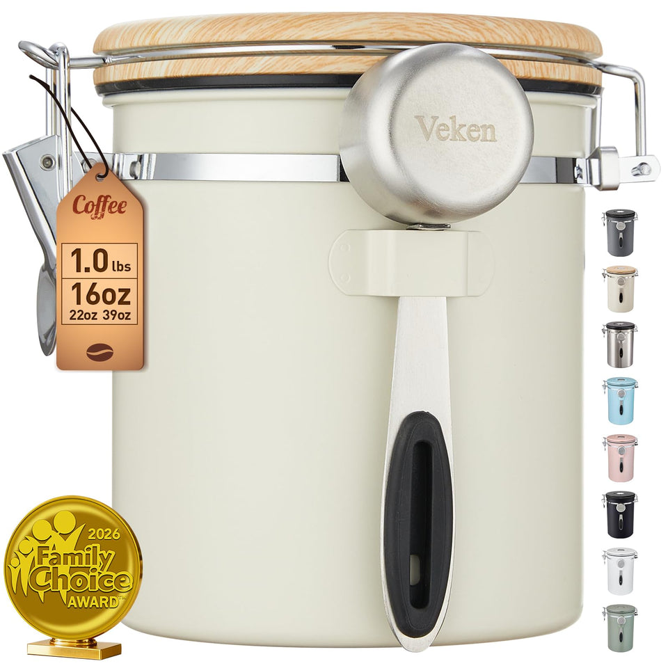Veken coffee canister with airtight lid preserves bean freshness.