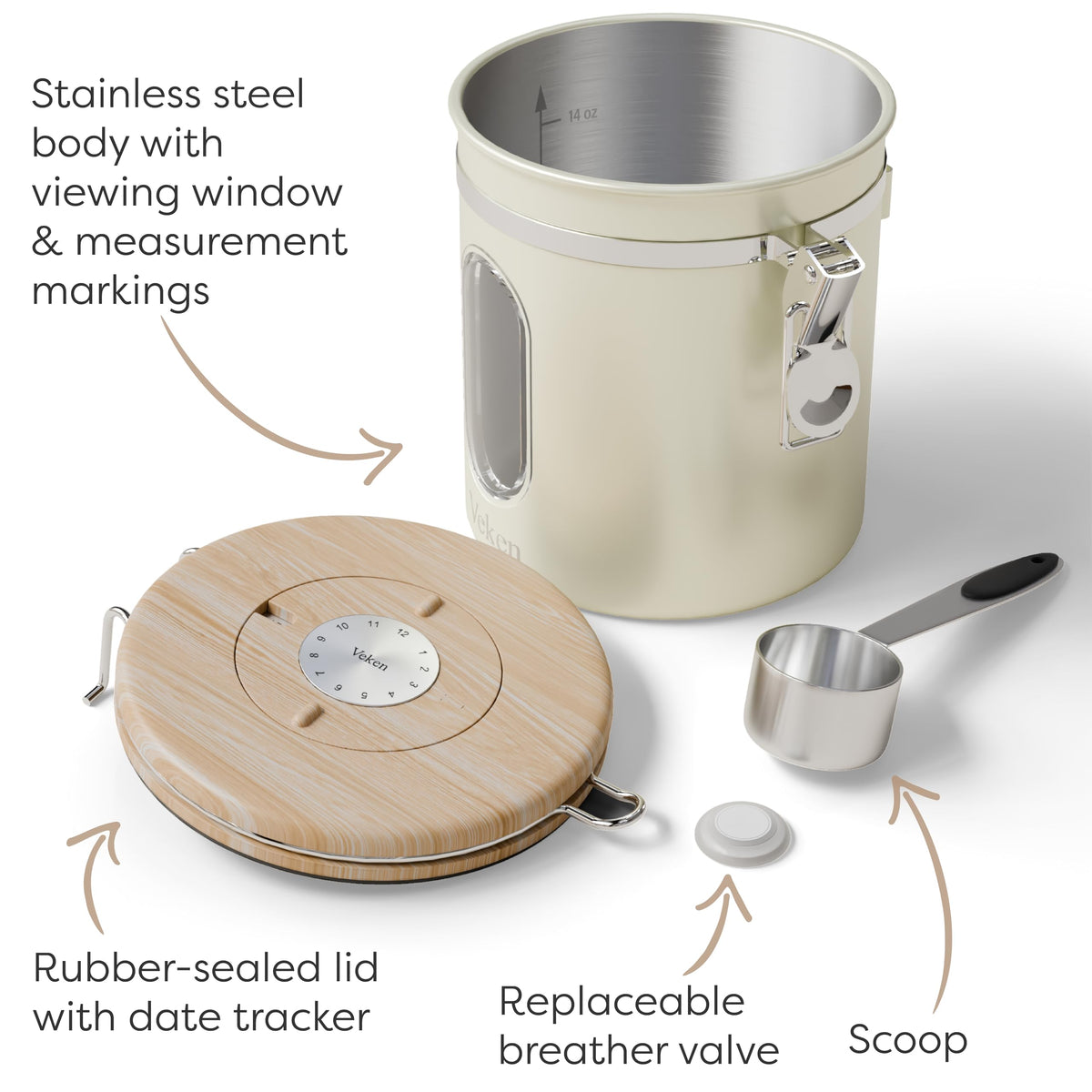 Window view of beans in Veken canister for quick glance