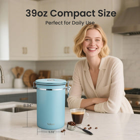 Veken coffee canister blue stainless steel body combines durability with style.