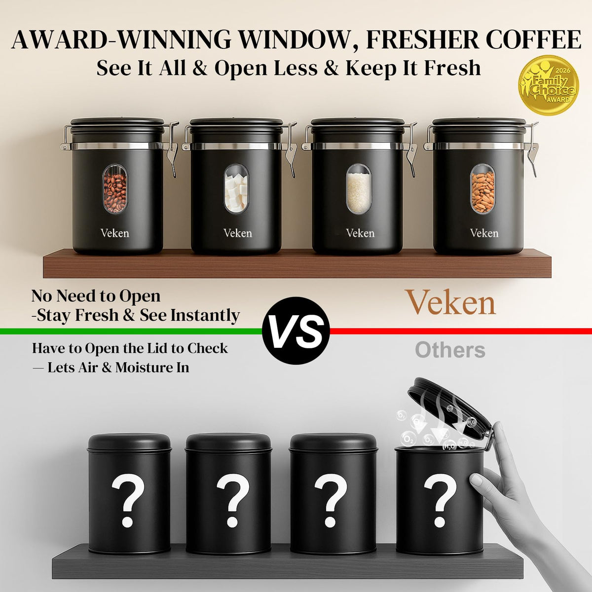 Veken Coffee Canister CO2 valve helps minimize air exposure for freshness.