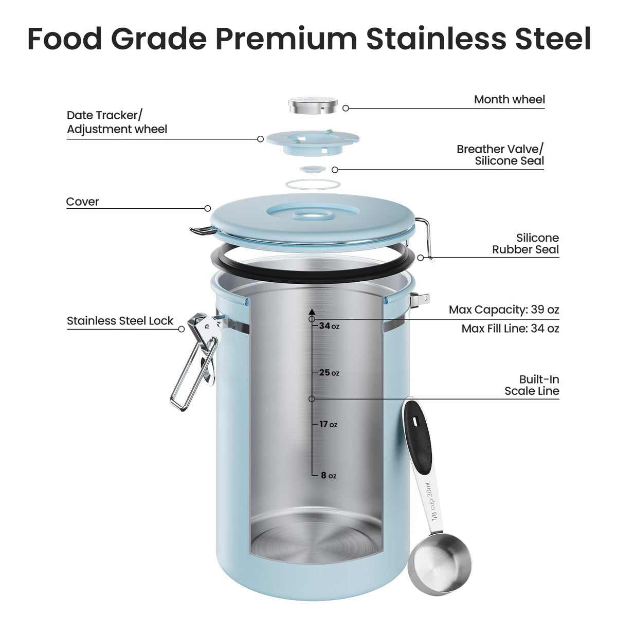 Veken coffee canister includes stainless steel scoop with hook for easy serving.