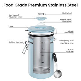 Veken coffee canister includes stainless steel scoop with hook for easy serving.